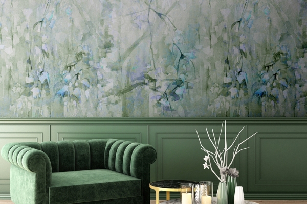 living interior design in classic style with decoration set on sideboard, velvet armchair on wooden floor and deep green wall,3d illustration,3d rendering